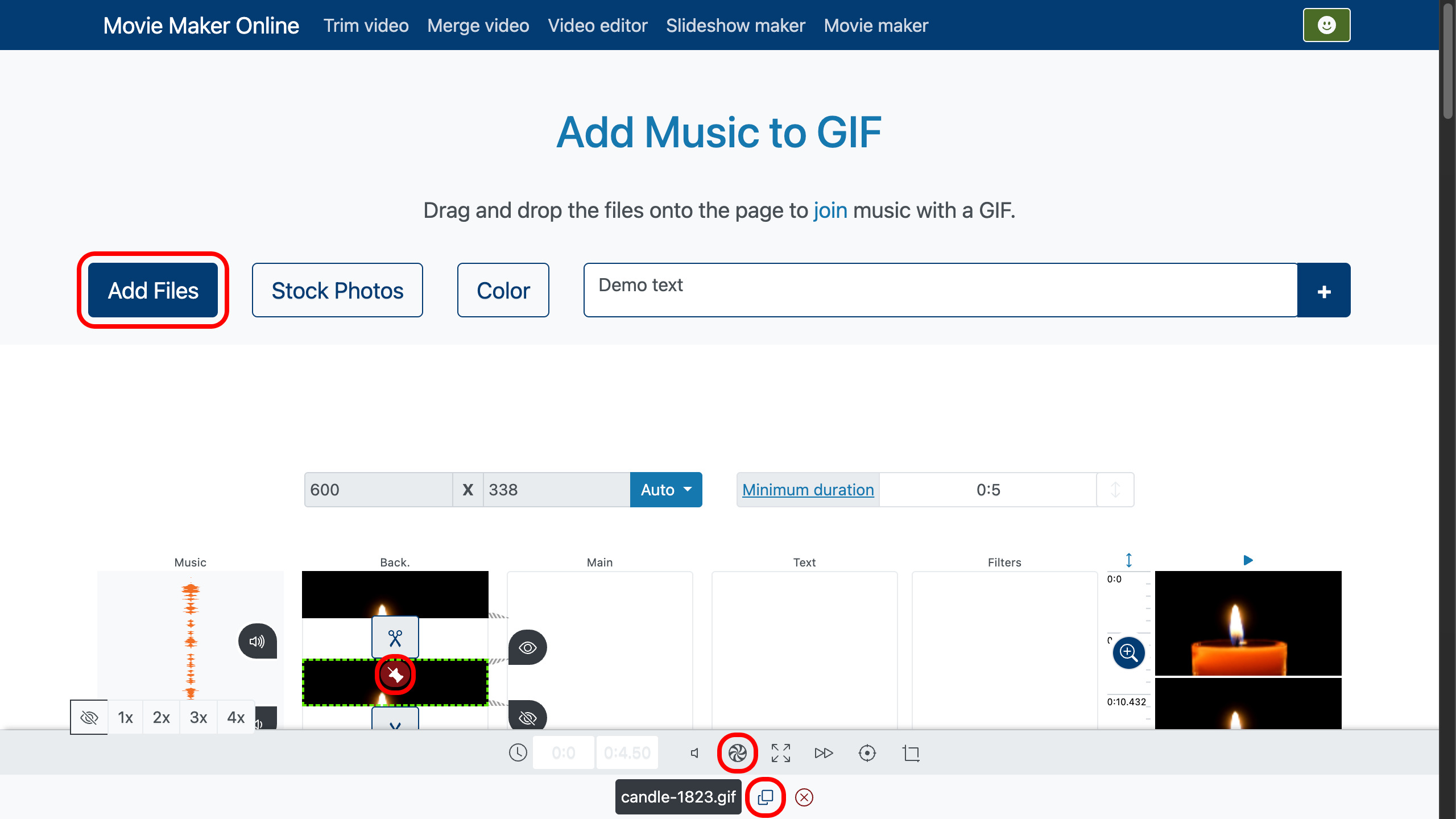 Musik zu GIF hinzufügen - Dateien hochladen, Übergänge einstellen